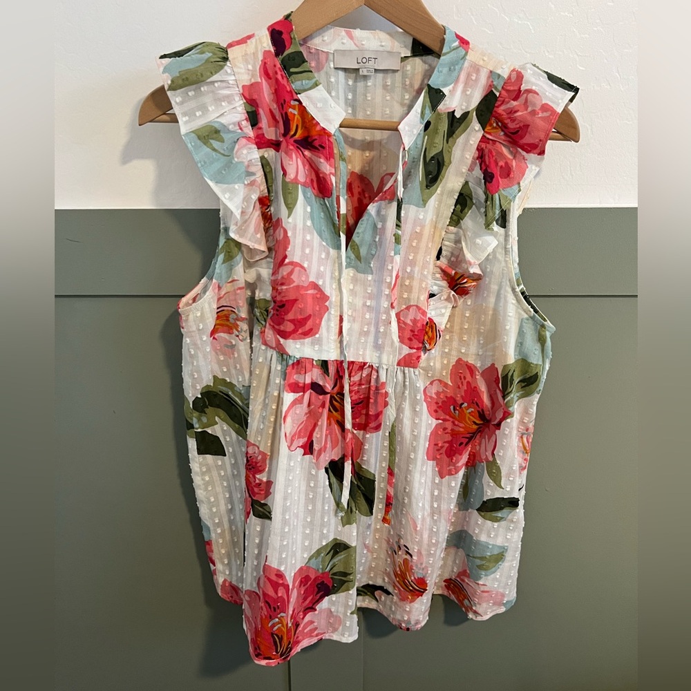 LOFT White Blouse with Pink and Green Floral Design